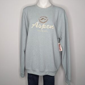 NWT Souvenirs Northern Blue Ribbed Aspen Colorado Pullover Sweatshirt L
